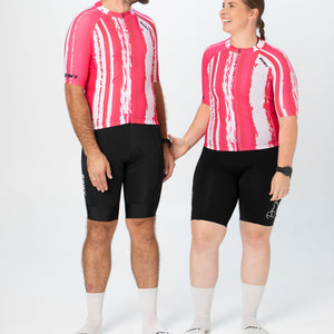 Man and Women wearing Raspberry Ripple Jerseys and Black Bib Shorts