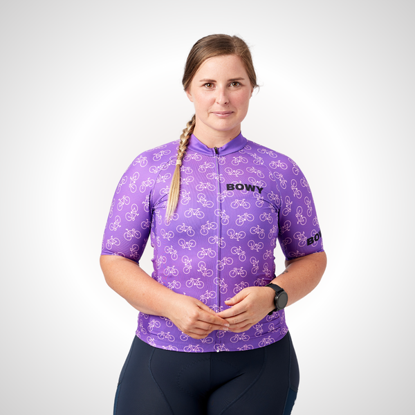 Woman in Purple Tiny Bikes Jersey front