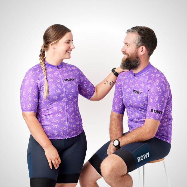 Man and Woman in Purple Tiny Bikes Jersey front