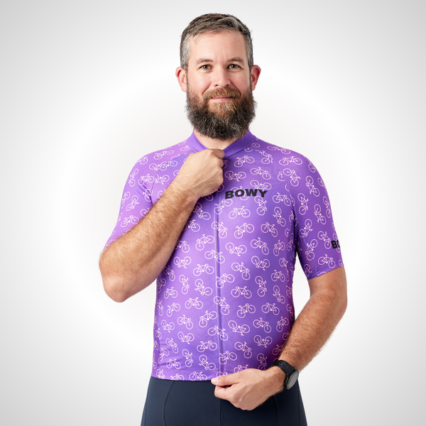 Man in Purple Tiny Bikes Jersey front