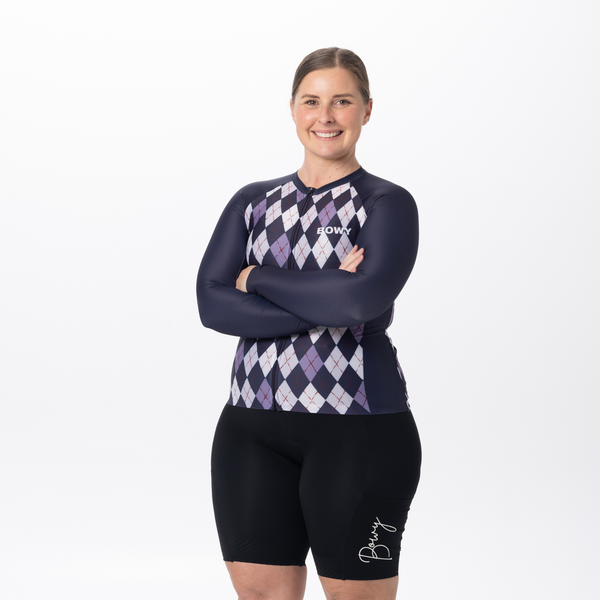 Womens Purple Argyle Long Sleeve Cycling Jersey