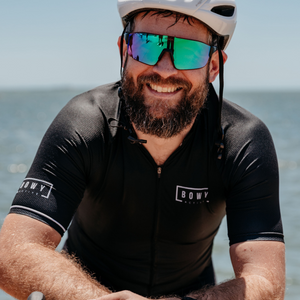 Man in Midnight Black Cycling Jersey front shot on bike